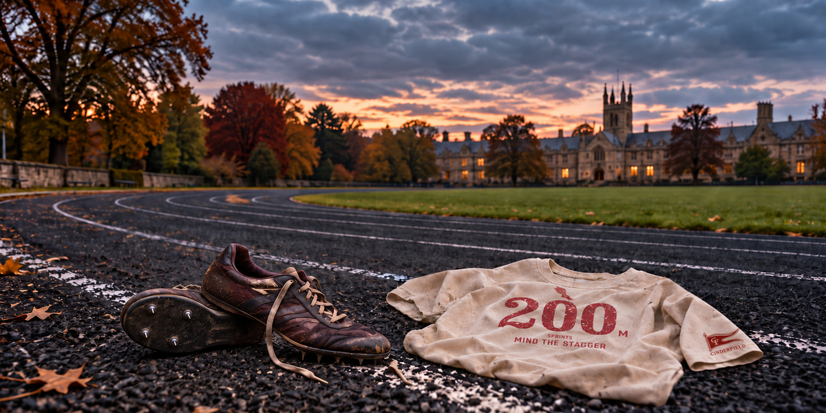 Worn running spikes beside a black cinder track at autumn twilight