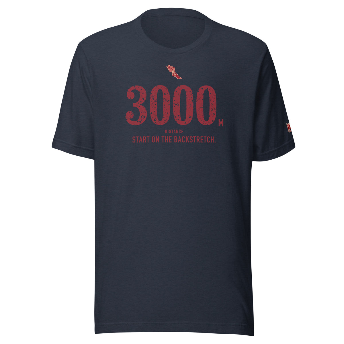 3000 m, Start on the Backstretch: Heather Navy tee, front