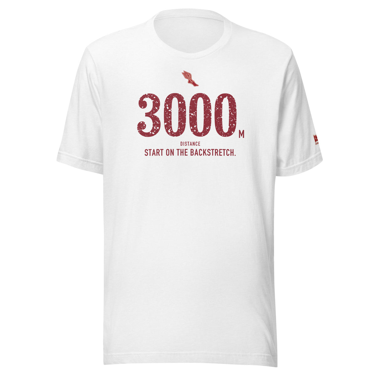 3000 m, Start on the Backstretch: Solid White Blend tee, front