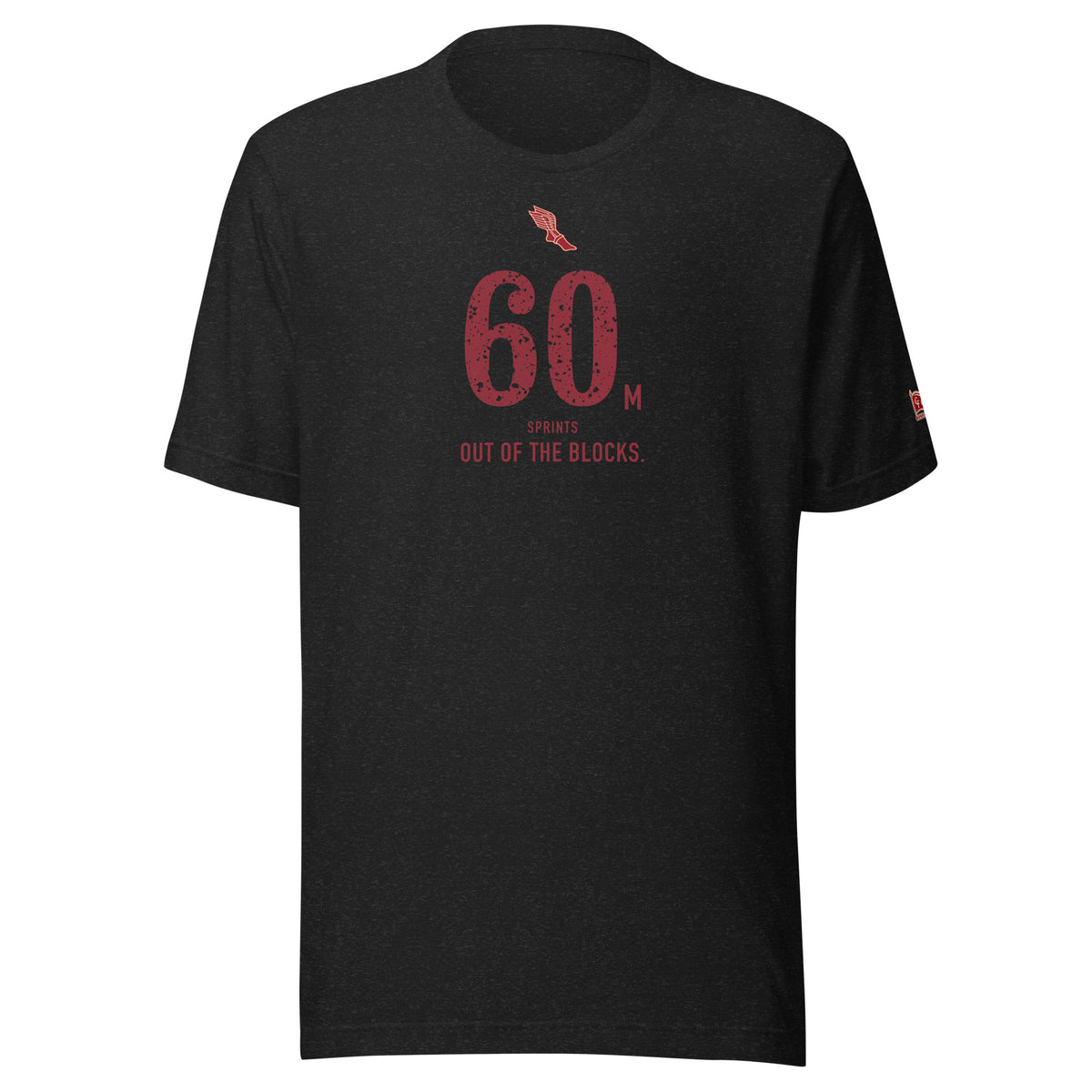 60 m HURDLES, Off the Fifth. Go.: Black Heather tee, front