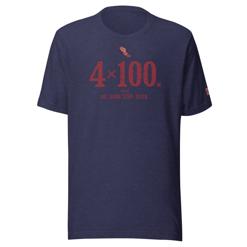 4 × 100 m RELAY, Go. Bang Step. Stick.: Heather Midnight Navy tee, front