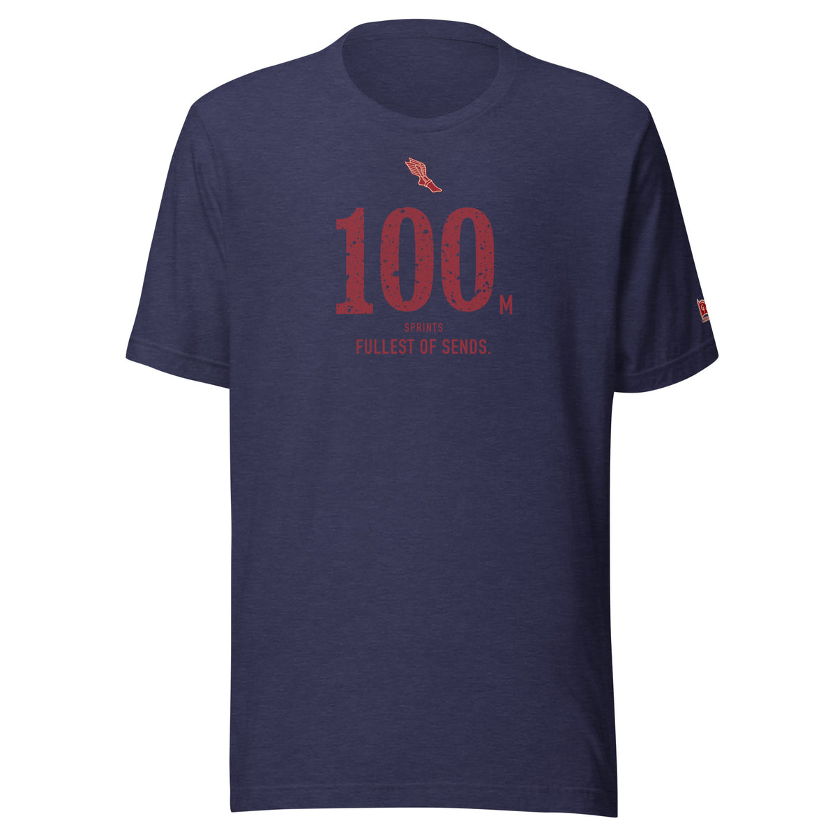 100 m, Fullest of Sends: Heather Midnight Navy tee, front