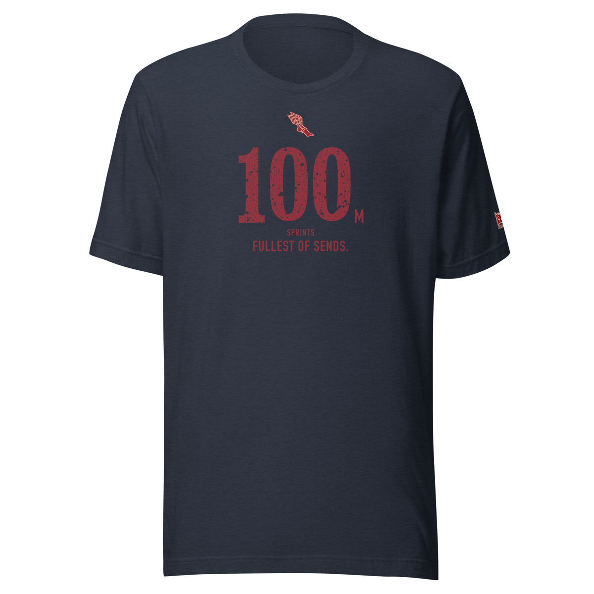 100 m, Fullest of Sends: Heather Navy tee, front