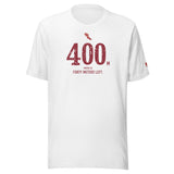 400 m HURDLES, Forty Meters Left: Solid White Blend tee, front