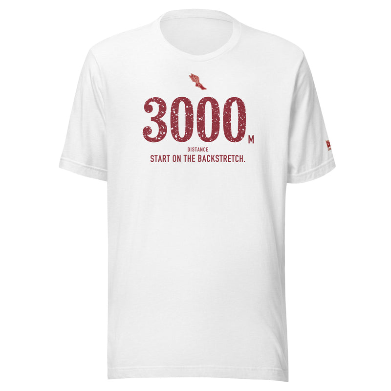 3000 m, Start on the Backstretch: Solid White Blend tee, front