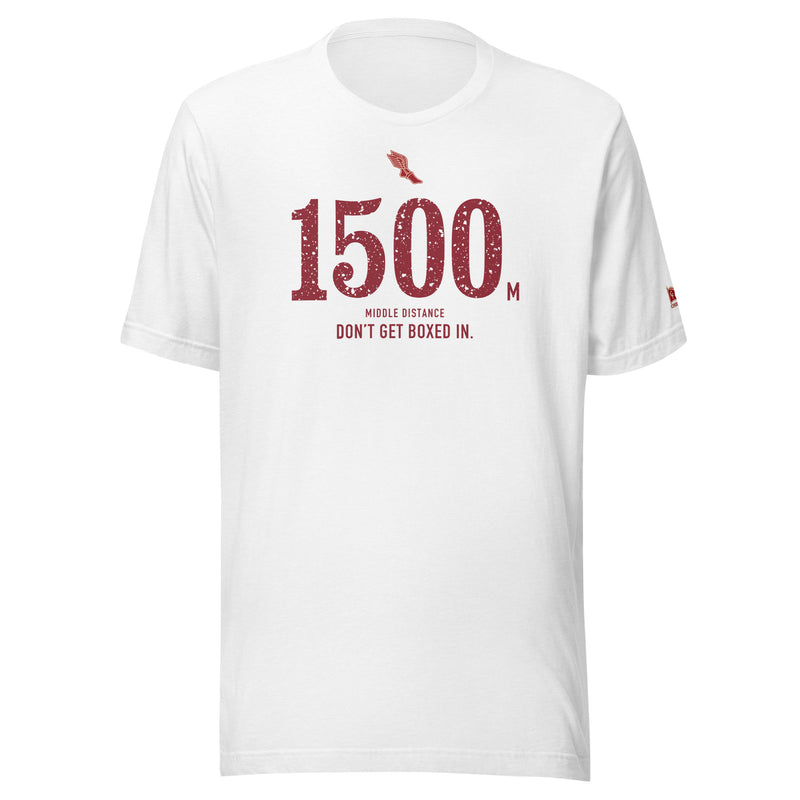 1500 m, Don’t Get Boxed In: Solid White Blend tee, front