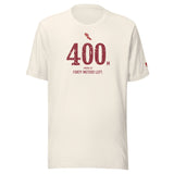400 m HURDLES, Forty Meters Left: Vintage White tee, front