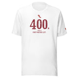 400 m HURDLES, Forty Meters Left: White tee, front