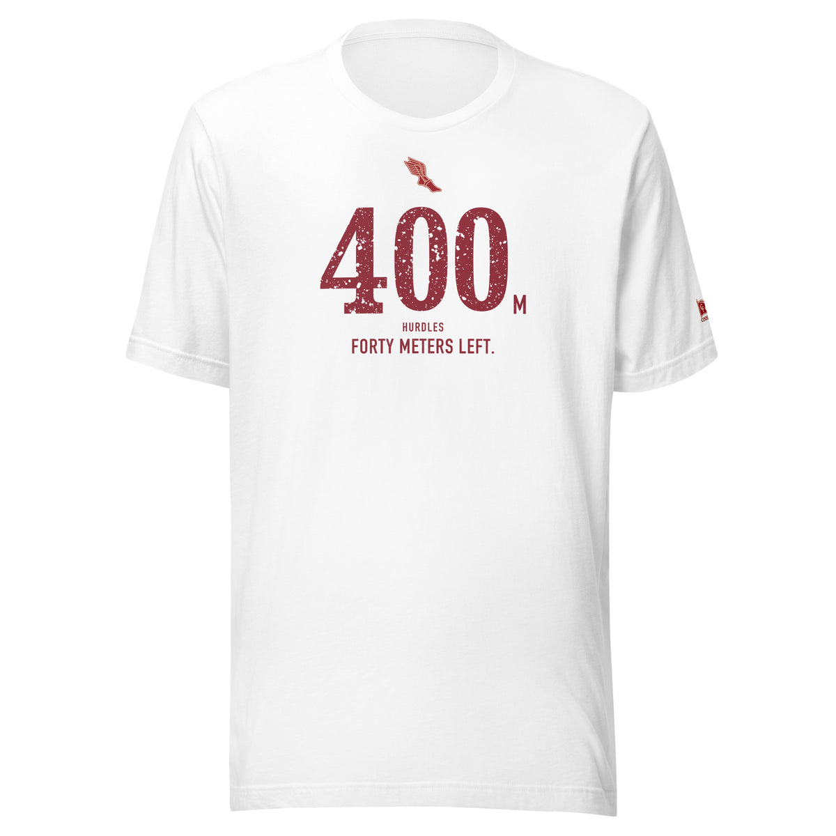400 m HURDLES, Forty Meters Left: White tee, front