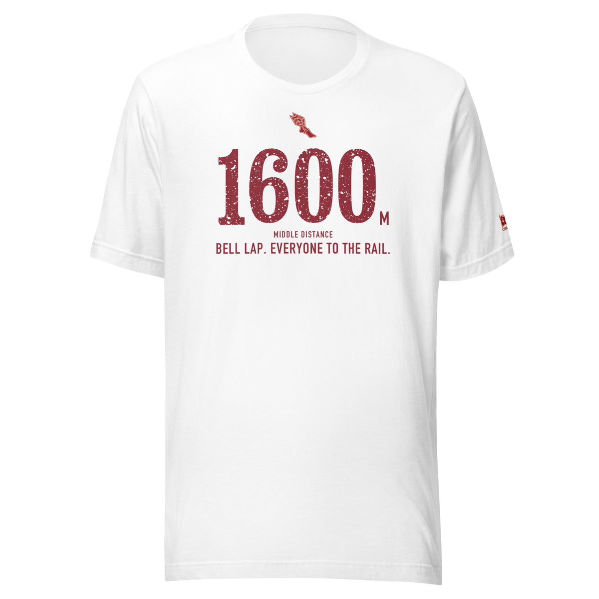 1600 m, Bell Lap. Everyone to the Rail.: White tee, front
